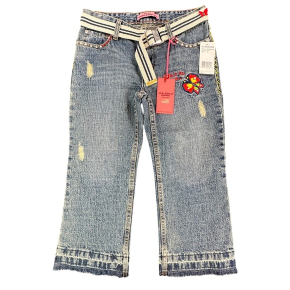 U.S. Polo Assn. Other - U.S. Polo Assn Jeans Girls 12 Blue Ramie Cotton Y2K Butterfly Embroidered Belted